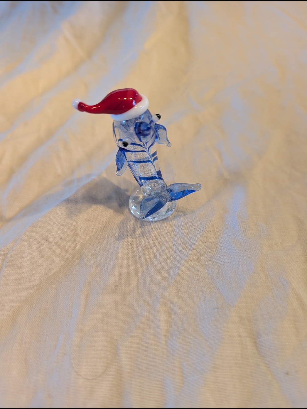 2/30$ Vintage Blue Glass Dolphin with Red Santa Hat